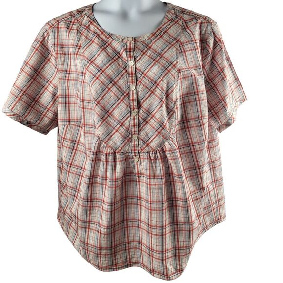 Liz Claiborne Size 3X Multi-Color Plaid All Cotton Blouse Short Sleeve Shirred - Picture 4 of 13